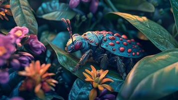 A bug with red spots on its back is sitting on a plant photo