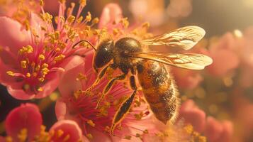 A bee is on a pink flower with sunlight photo