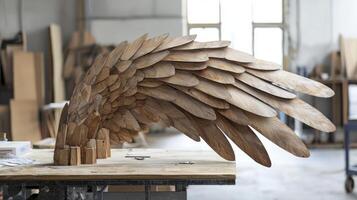 A wooden sculpture of an angel wing sitting on a table photo