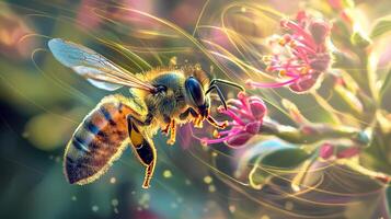 A bee is flying over a flower with bright light photo