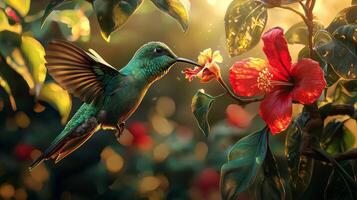 A hummingbird is flying over a flower photo