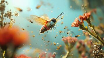 A bee flies through the air with flowers photo