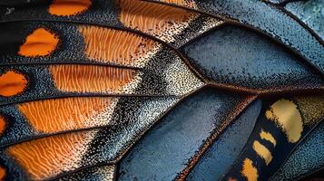 A close up of a butterfly wing with orange and black spots photo