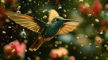 A hummingbird flying through the air with flowers photo