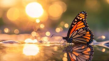 A monarch butterfly rests on the water at sunset photo