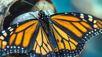 A monarch butterfly is sitting on a piece of wood photo