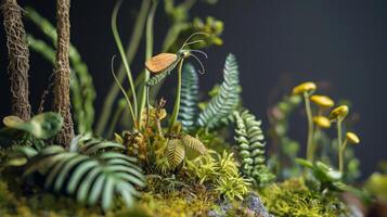 A close up of a mossy forest with plants and flowers photo