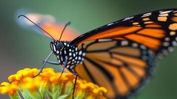 A monarch butterfly is perched on a yellow flower photo