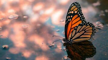 A monarch butterfly rests on the surface of water photo