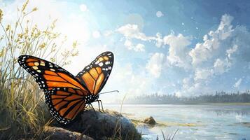 A painting of a monarch butterfly on a rock by a lake photo
