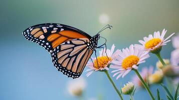 A monarch butterfly is sitting on some flowers photo