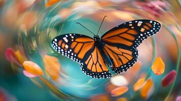 A monarch butterfly is flying through a circular pattern photo