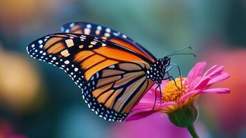 A monarch butterfly is sitting on a pink flower photo