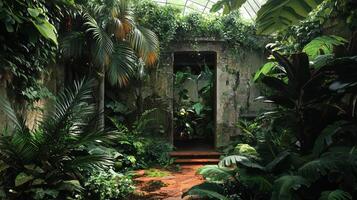 A tropical garden with a door and plants photo