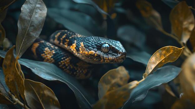 A snake is hiding in the leaves of a plant photo