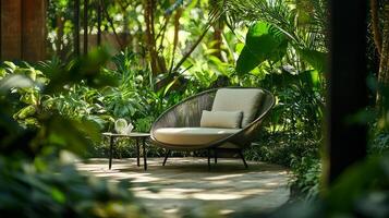 A chair and table in the middle of a lush green area photo