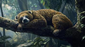 A brown bear is resting on a tree branch photo