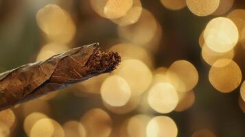 A cigar is shown in front of a blurred background photo