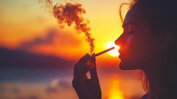 A woman smoking a cigarette at sunset photo