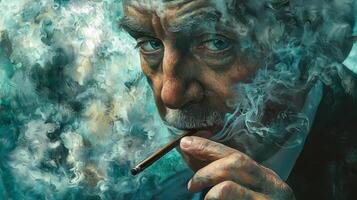 A painting of an old man smoking a cigarette photo