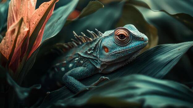 An iguana is sitting on a leaf in the jungle photo