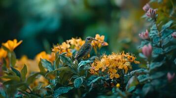 A bird is perched on top of some flowers photo