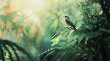 A painting of a bird sitting on a branch in the jungle photo