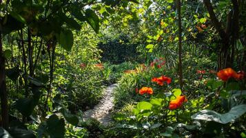 A path through a garden with red flowers photo