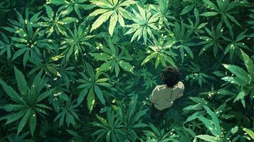 A man standing in the middle of a forest of marijuana plants photo