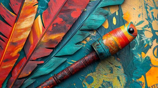 A colorful paintbrush and a feather are on a colorful background photo