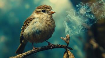 A bird sitting on a branch with smoke coming out of its beak photo