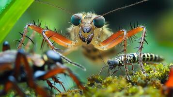 A grasshopper and a bug are standing in the grass photo
