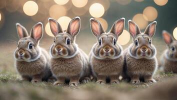 Cute rabbits standing in a line against a softly blurred background during twilight hours photo
