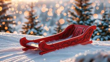 Beautiful red sled resting in soft snow with sparkling winter sunlight and blurred evergreen trees in the background photo
