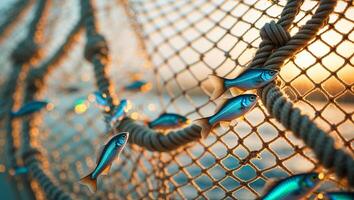 Sunlight glimmers on a fishing net filled with colorful fish during a serene coastal sunset photo