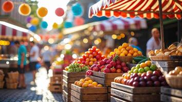 Vibrant market bustling with fresh fruits and colorful stalls during a sunny afternoon photo