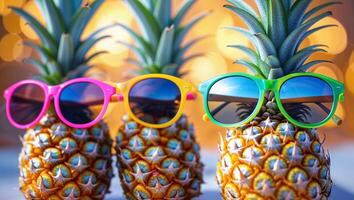 Pineapples wearing sunglasses capture the essence of summer vibes with a colorful flair photo