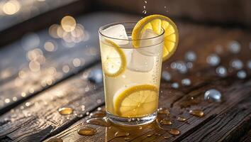 Refreshing lemonade drink with ice and lemon slices served on a wooden table photo
