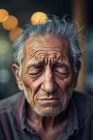 Emotion is captured in the expressive face of an elderly man with deep wrinkles and closed eyes in a dimly lit environment photo