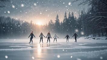 Winter evening ice skating activity on a frozen lake surrounded by trees and snowfall photo