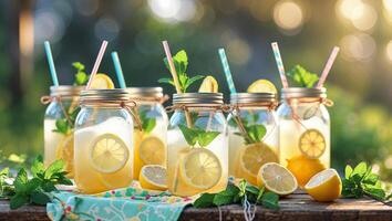 Refreshing lemonades in mason jars with mint outdoors on a sunny day are perfect for summer gatherings and picnics photo