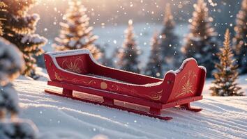 Snow-covered red sled resting on a snowy hill with pine trees during golden hour photo