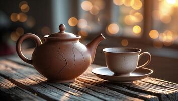 Beautifully crafted clay teapot and cup during a serene afternoon with soft sunlight filtering through a window photo