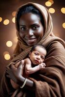 Mother cradles newborn against a backdrop of soft lights in a warm, intimate setting photo
