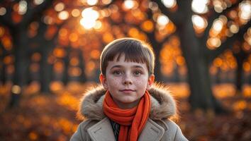 Young boy stands in a forest during autumn with warm sunlight illuminating his freckled face and vibrant orange scarf photo