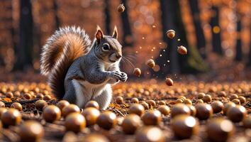 Squirrel gathers acorns in a forest during autumn, surrounded by fallen leaves and golden light photo