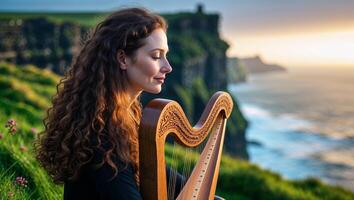 Musician playing harp at sunset near cliffs with ocean background in serene landscape photo