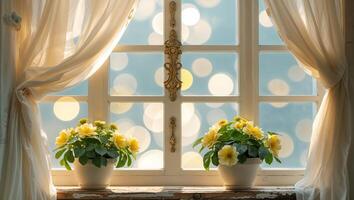Beautiful yellow flowers in cozy pots on a window sill with soft sunlight and bokeh effects in the background photo