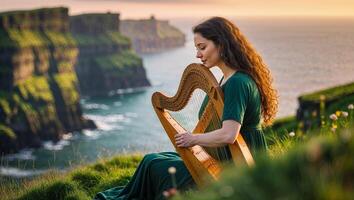 Musician plays harp on cliffside overlooking ocean during golden hour at Cliffs of Moher photo
