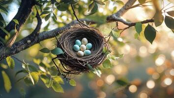 Delicate bird nest resting on a tree branch with colorful eggs during a gentle morning light photo